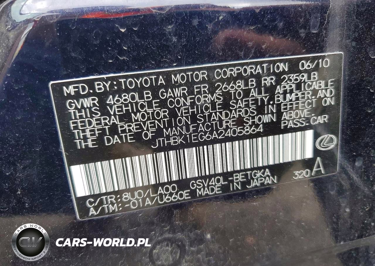 2010 Lexus Es 350 VIN:JTHBK1EG6A2405864 - 12
