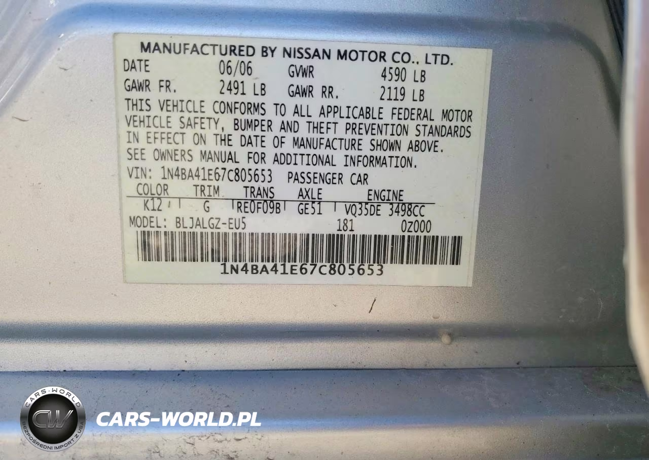 2007 Nissan Maxima 3.5 Se VIN:1N4BA41E67C805653 - 12
