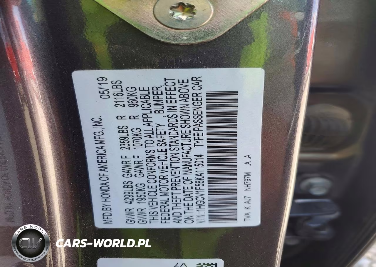 2019 Honda Accord Exl VIN:1HGCV1F56KA115014 - 12