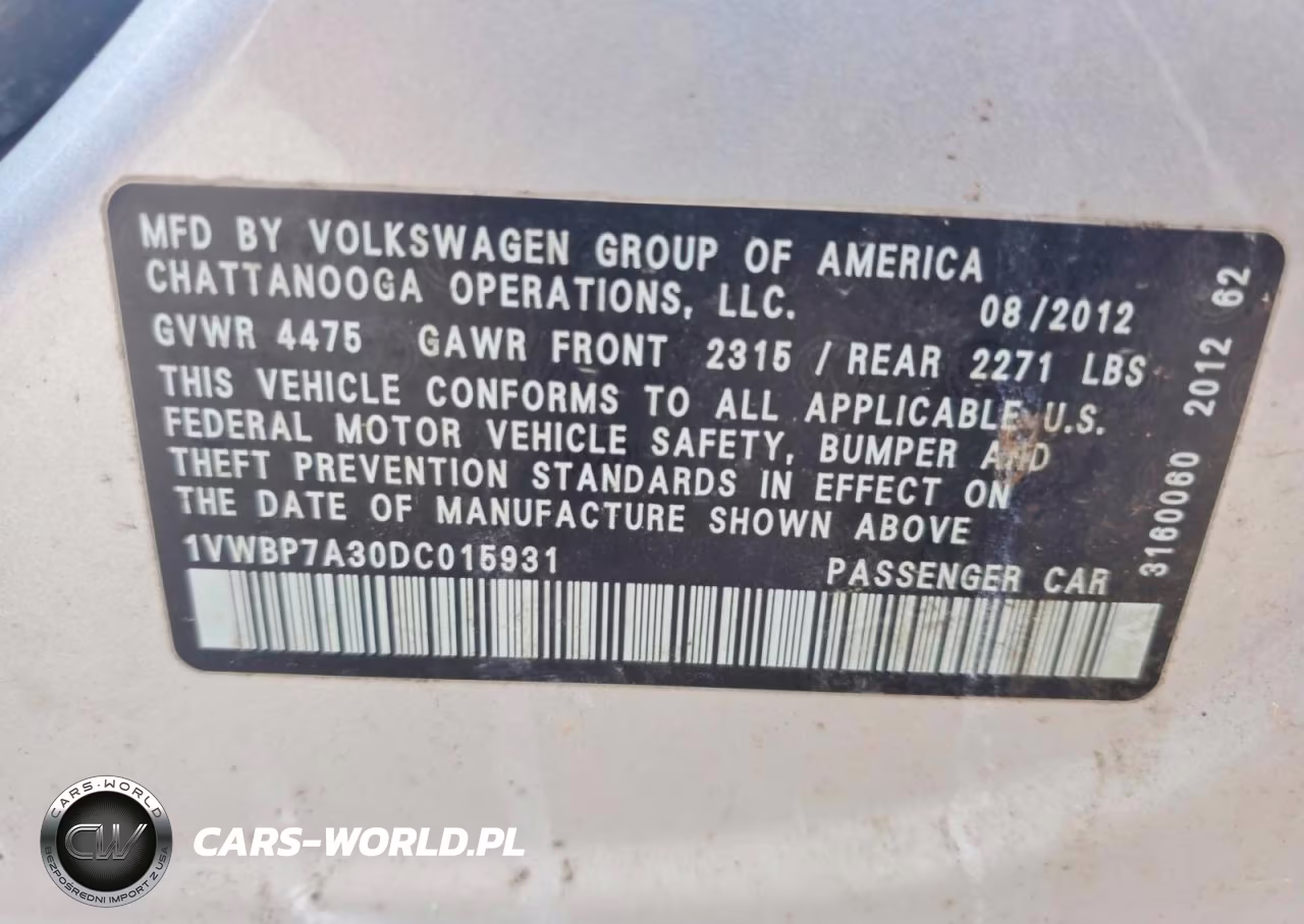 2013 Volkswagen Passat Se VIN:1VWBP7A30DC015931 - 12