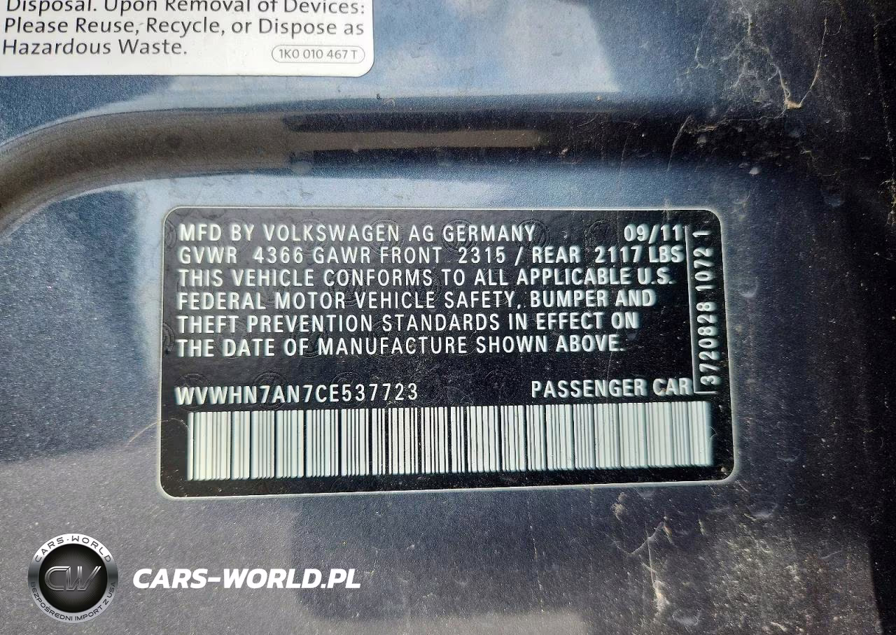 2012 Volkswagen Cc Luxury VIN:WVWHN7AN7CE537723 - 12