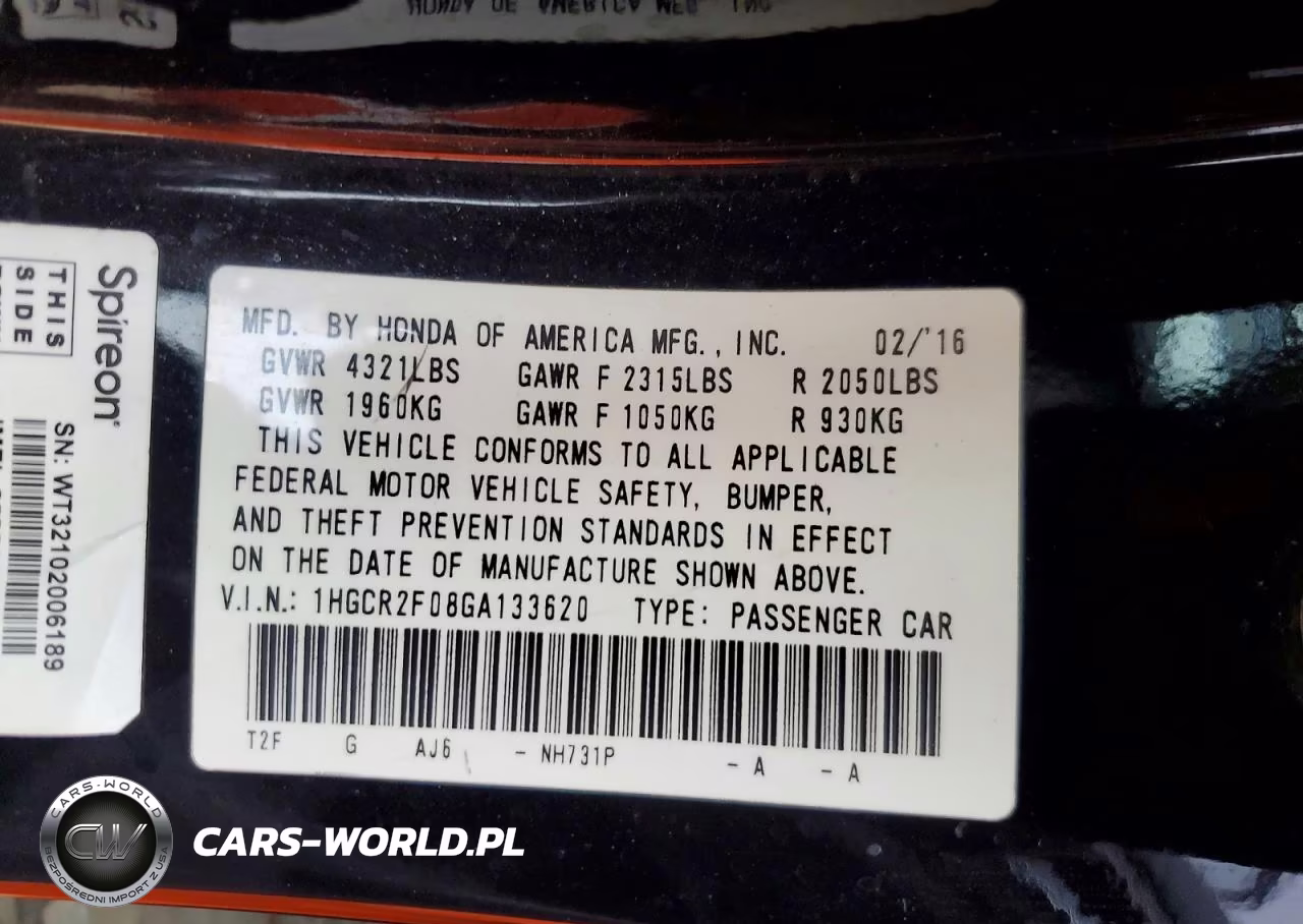 2016 Honda Acc S Ex VIN:1HGCR2F08GA133620 - 12