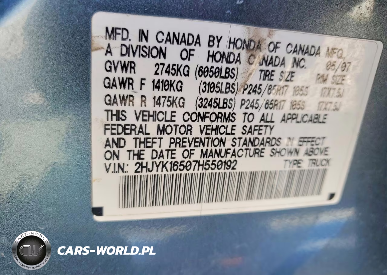 2007 Honda Ridgeline Rtl VIN:2HJYK16507H550192 - 12