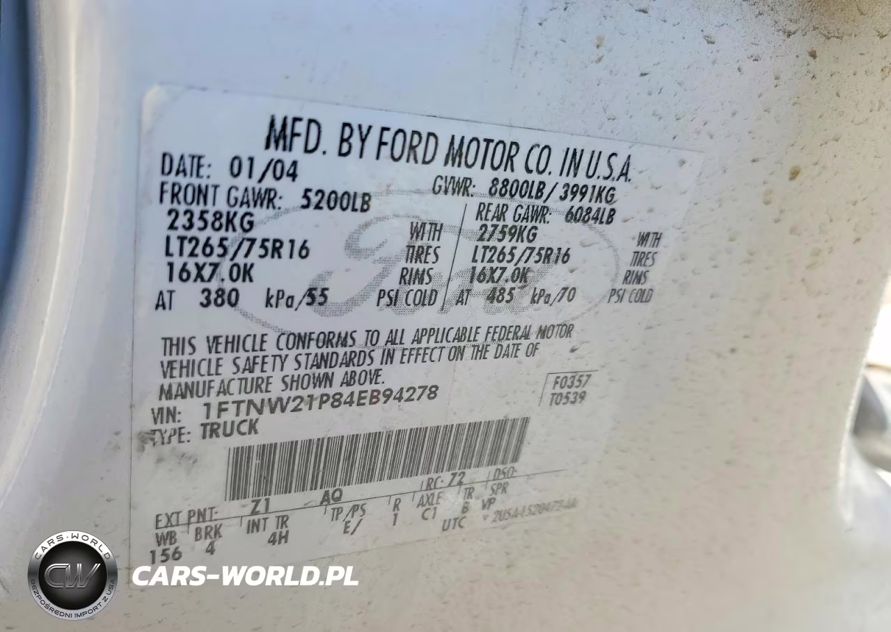 2004 Ford F250 Super Duty VIN:1FTNW21P84EB94278 - 12