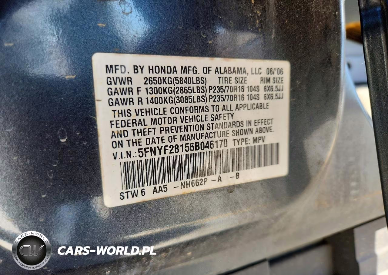 2006 Honda Pilot Lx VIN:5FNYF28156B046170 - 13