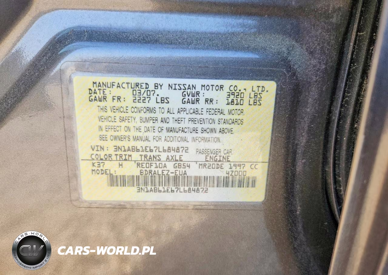 2007 Nissan Sentra 2.0 VIN:3N1AB61E67L684872 - 12