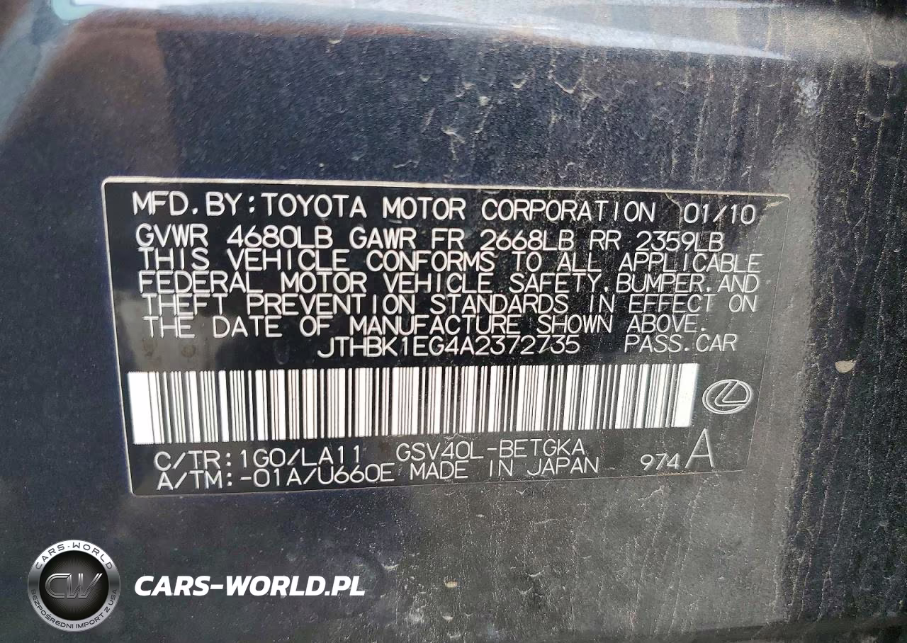 2010 Lexus Es 350 VIN:JTHBK1EG4A2372735 - 12