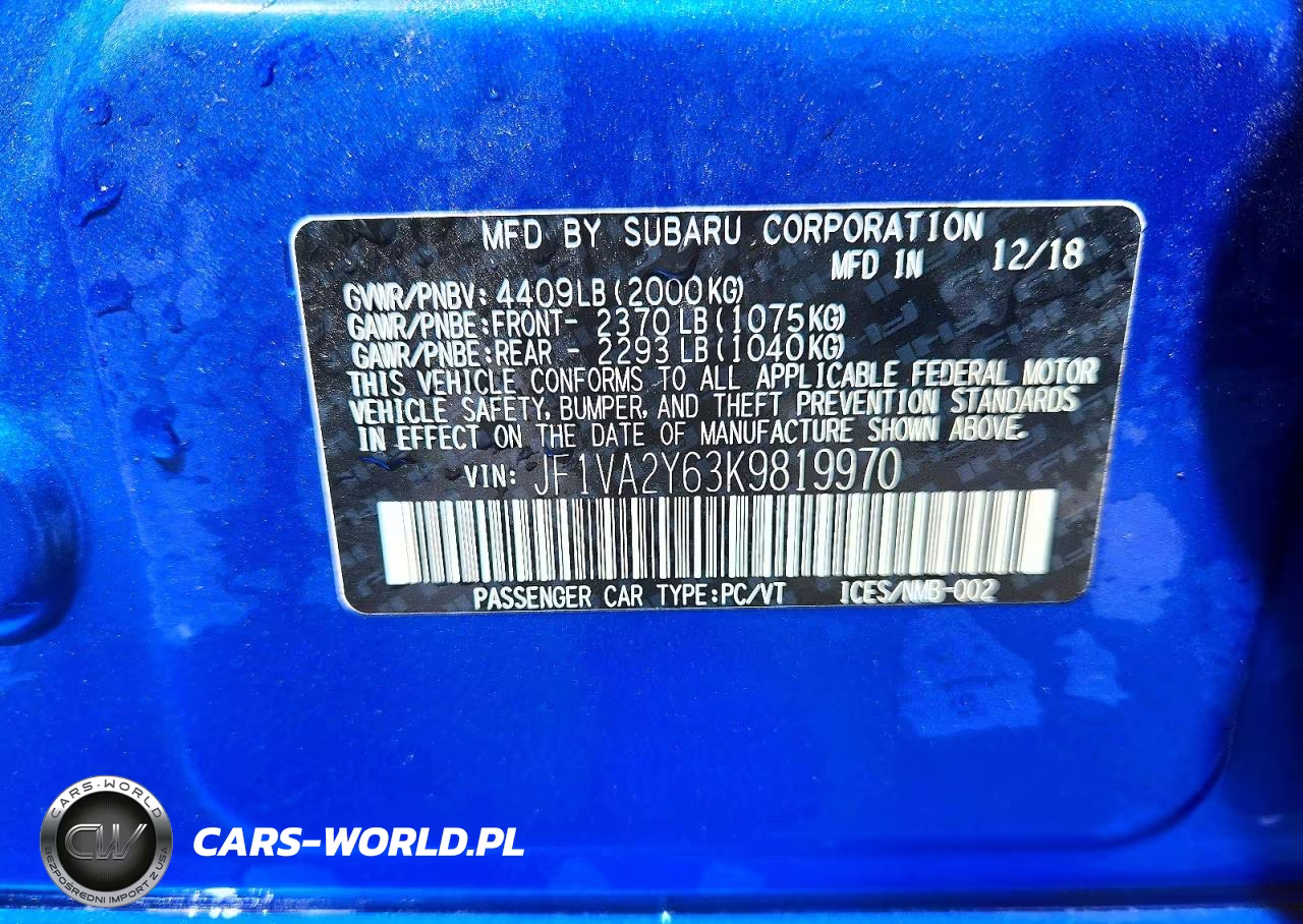 2019 Subaru Wrx Sti Limited VIN:JF1VA2Y63K9819970 - 13