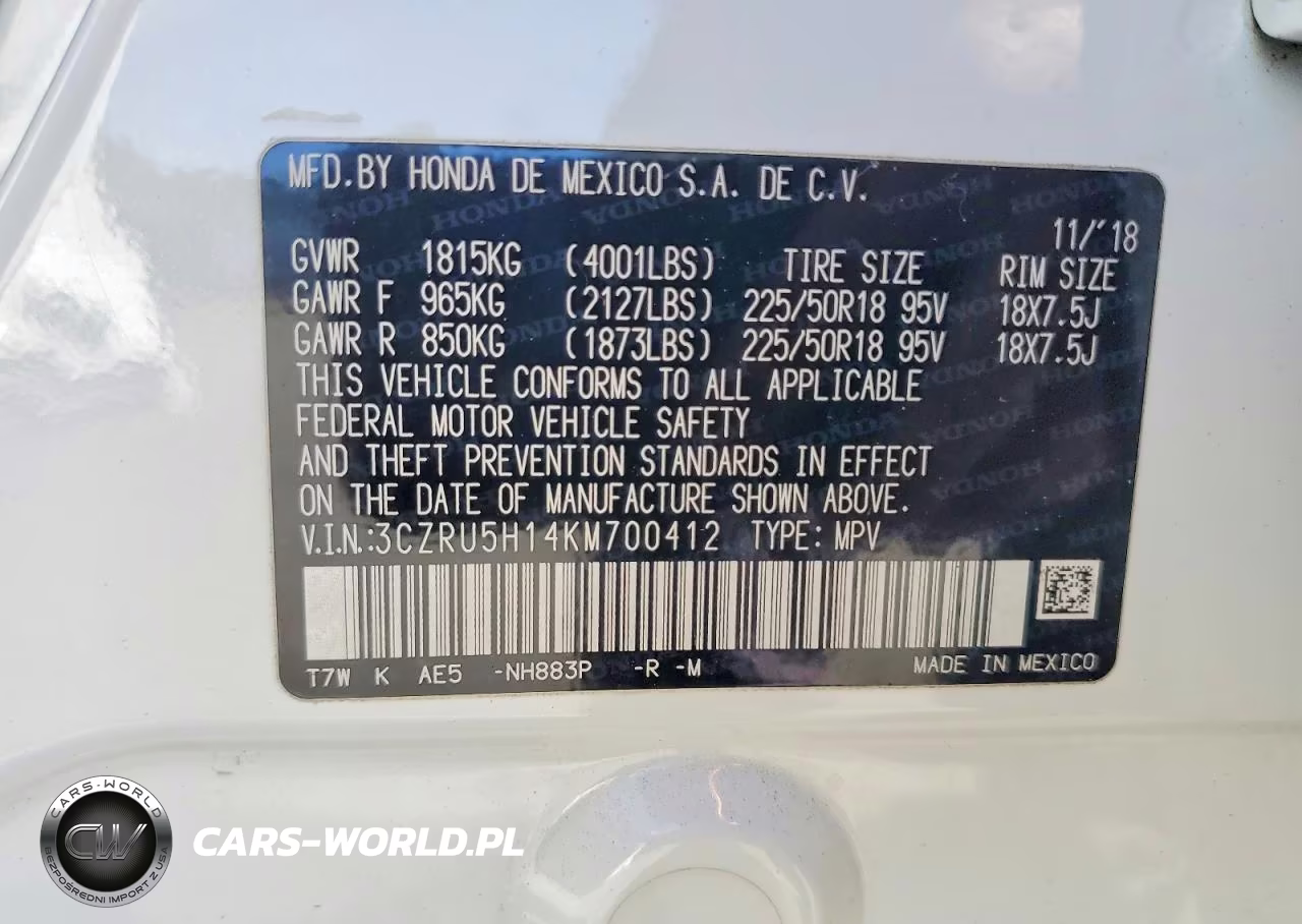 2019 Honda Hr-V Sport VIN:3CZRU5H14KM700412 - 14
