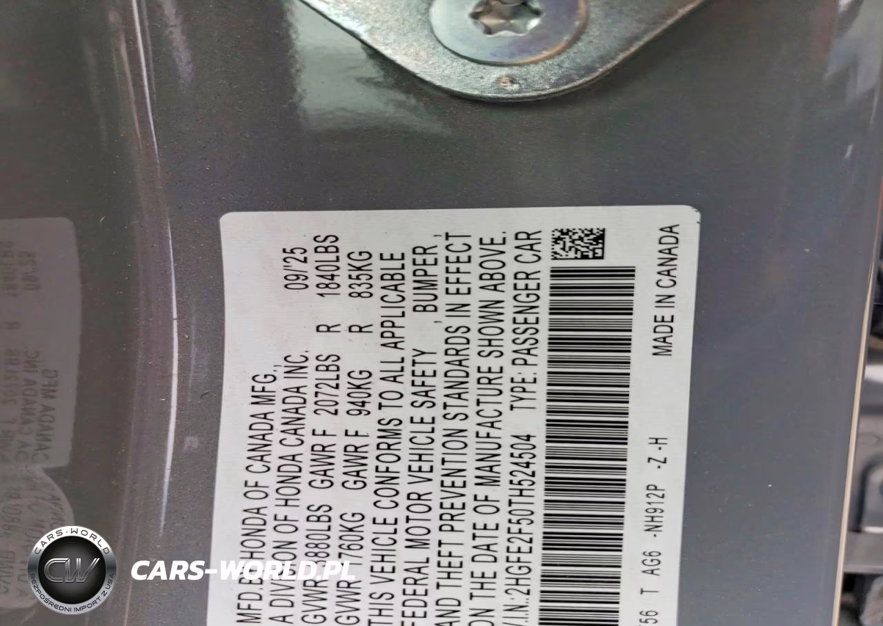 2026 Honda Civic Sport VIN:2HGFE2F50TH524504 - 12