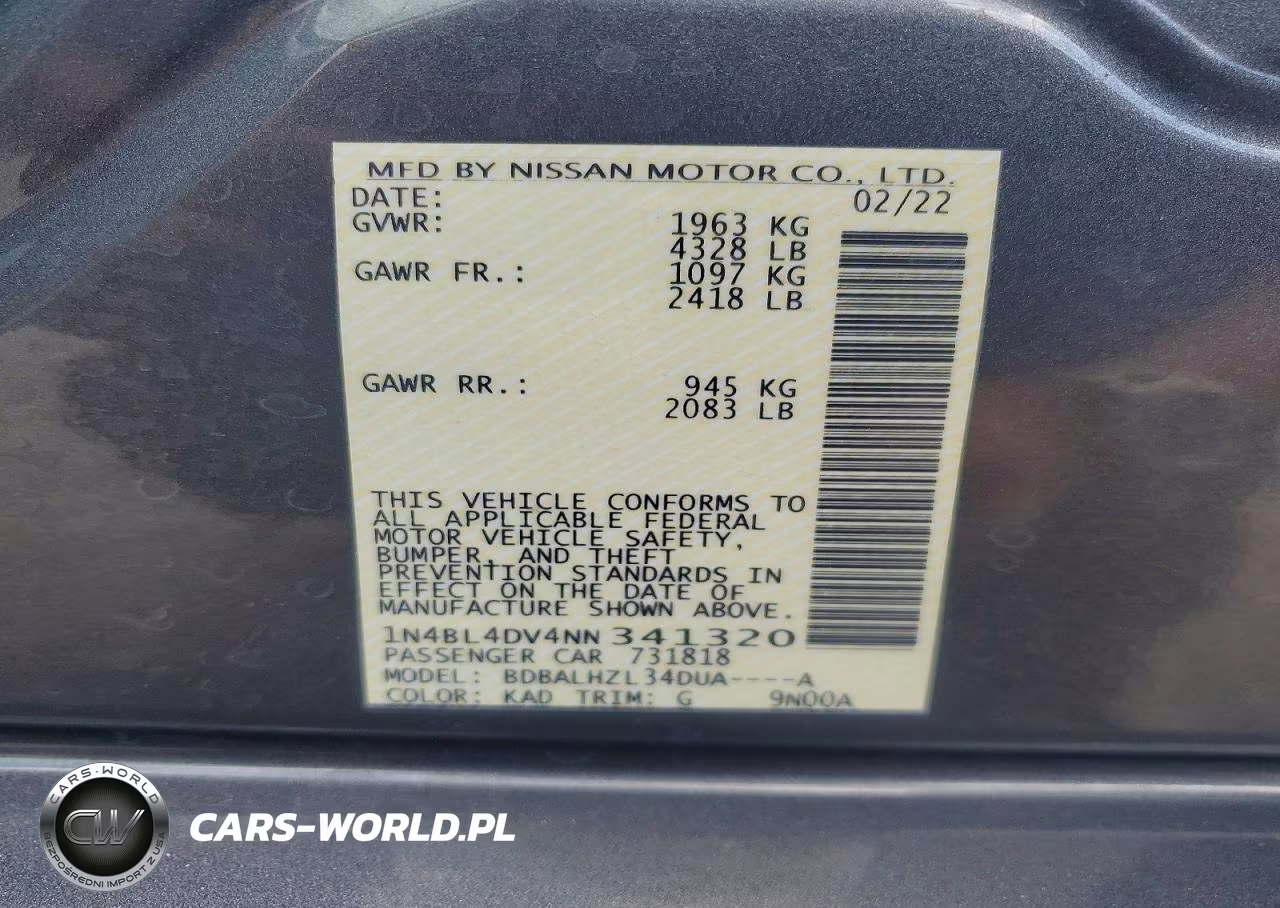 2022 Nissan Altima VIN:1N4BL4DV4NN341320 - 12