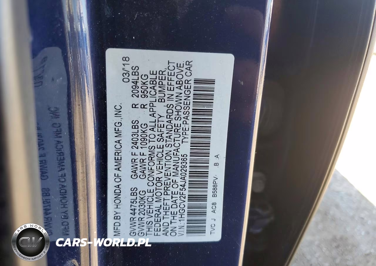2018 Honda Accord Exl VIN:1HGCV2F54JA029365 - 12