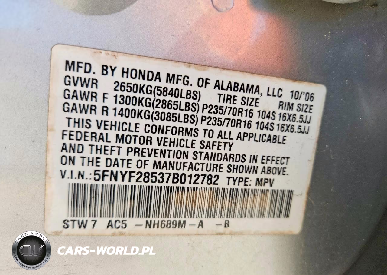 2007 Honda Pilot Exl VIN:5FNYF28537B012782 - 13