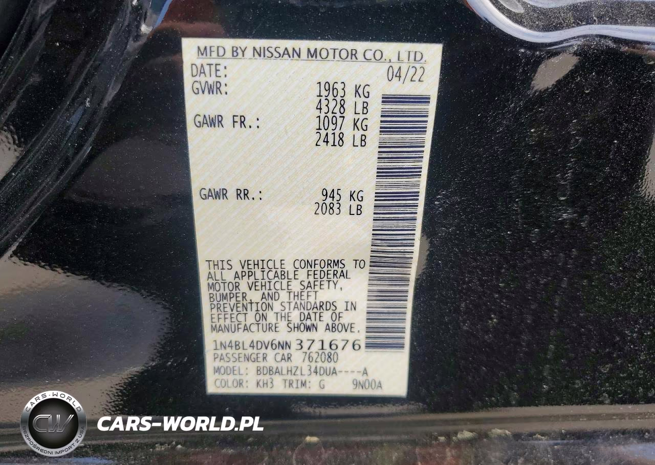 2022 Nissan Altima Sv VIN:1N4BL4DV6NN371676 - 12