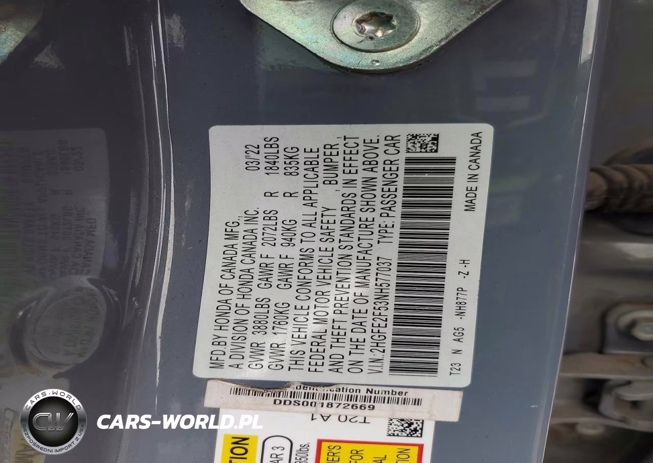 2022 Honda Civic Sport VIN:2HGFE2F53NH577037 - 13
