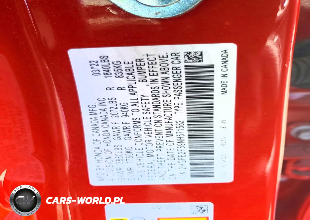2022 Honda Civic Sport VIN:2HGFE2F59NH571582 - 12