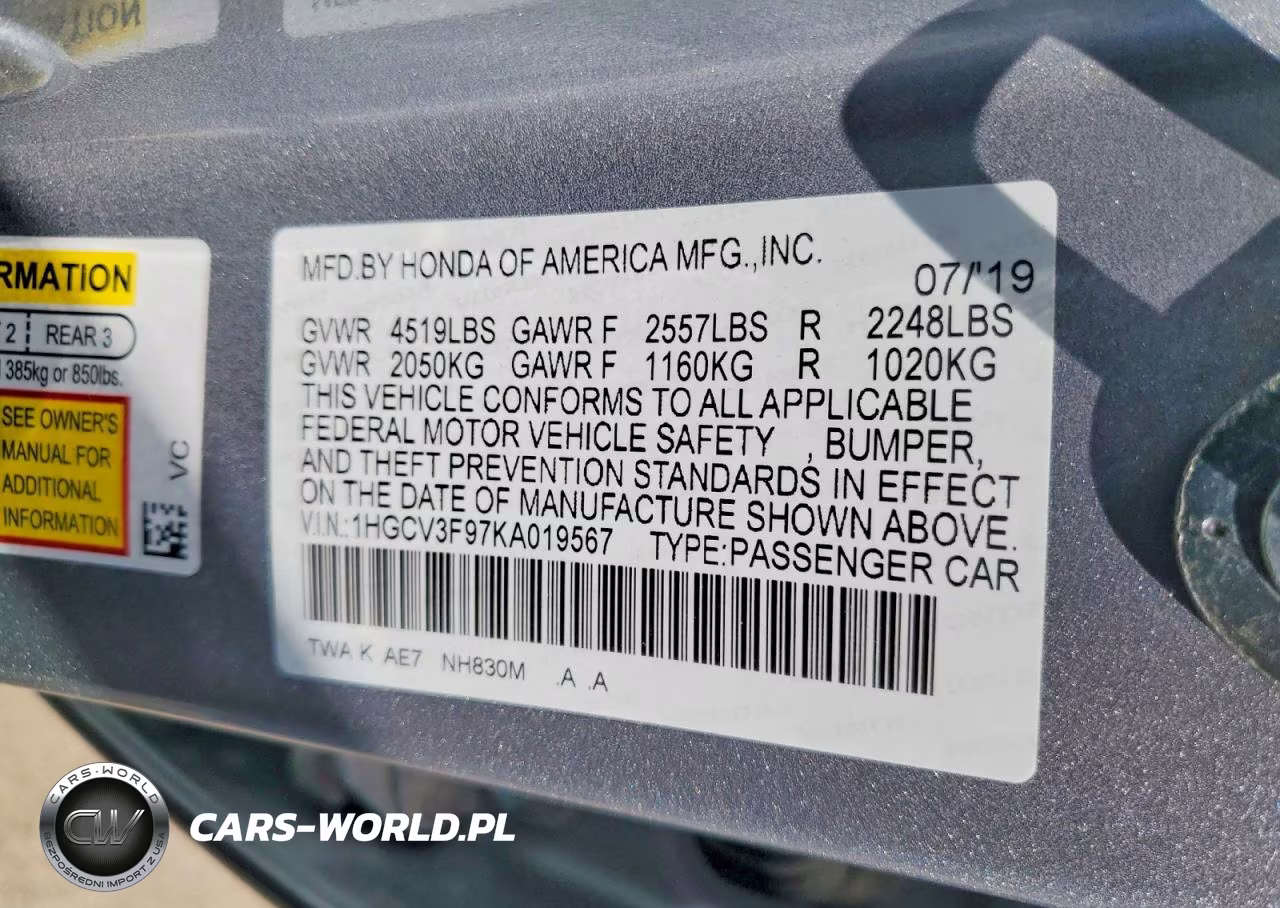 2019 Honda Accord Touring Hybrid VIN:1HGCV3F97KA019567 - 13