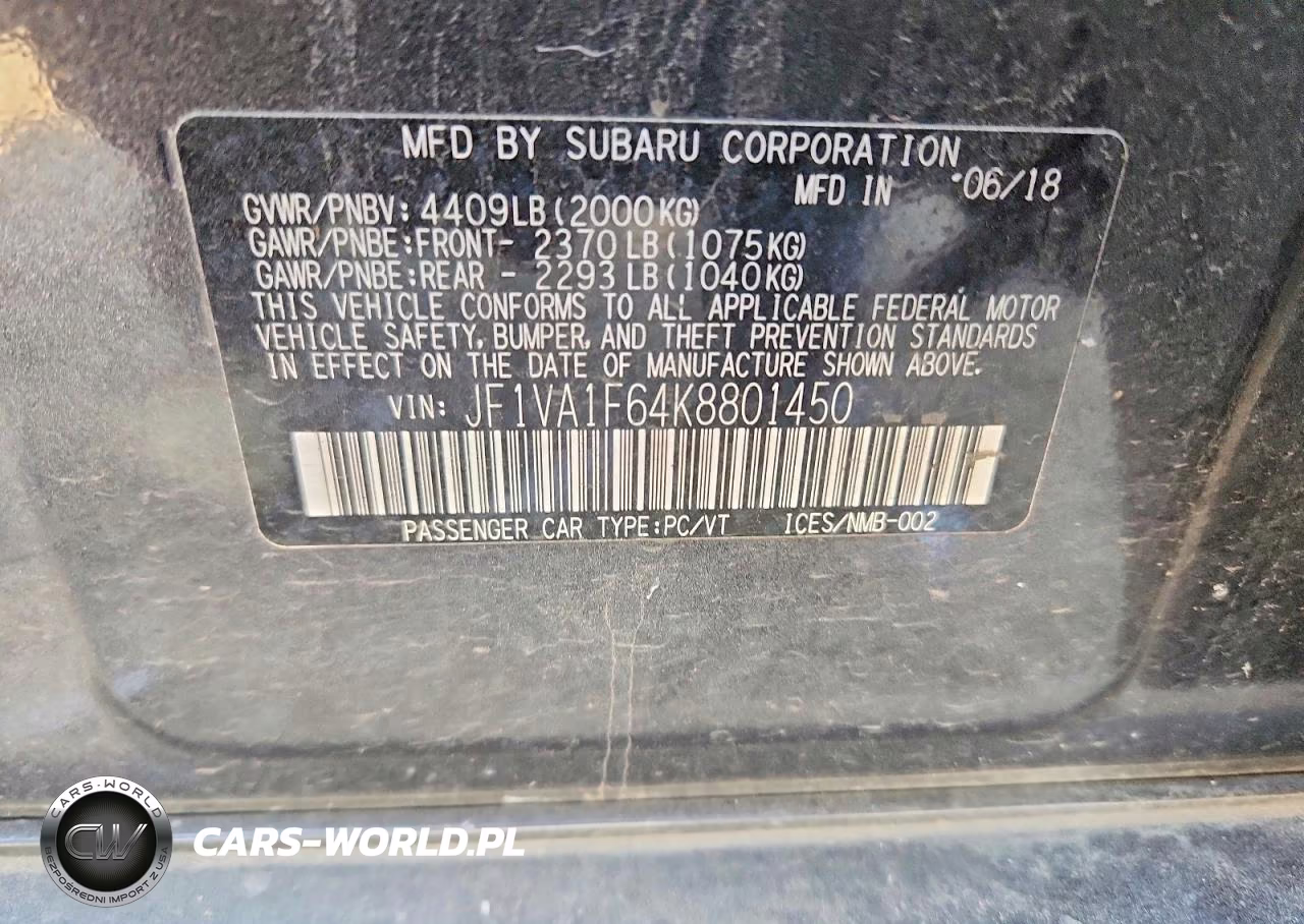 2019 Subaru Wrx Premium VIN:JF1VA1F64K8801450 - 13