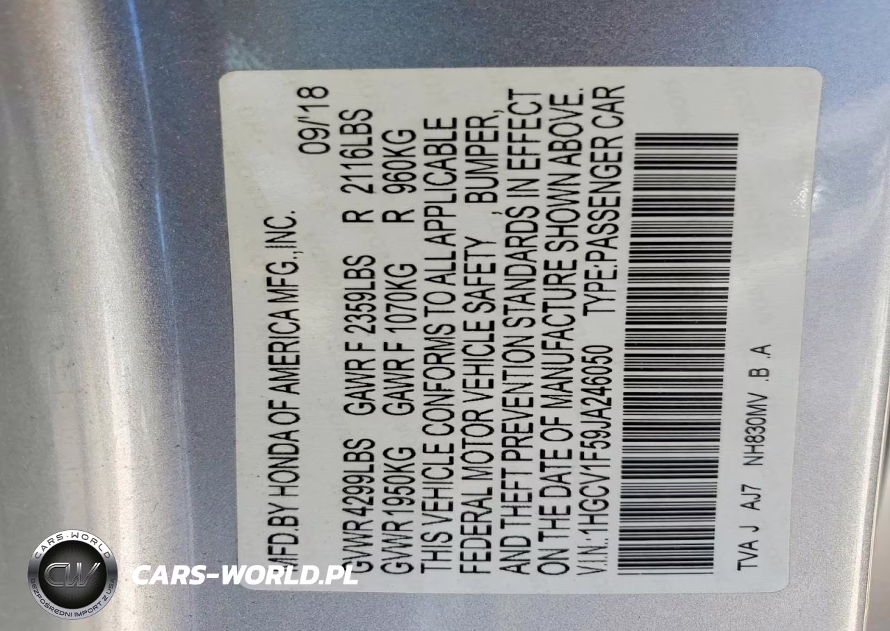2018 Honda Accord Exl VIN:1HGCV1F59JA246050 - 12