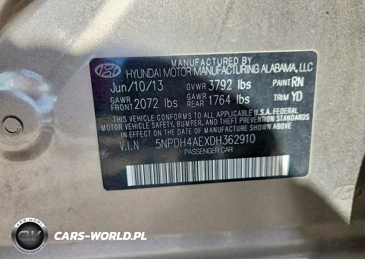 2013 Hyundai Elantra Gls VIN:5NPDH4AEXDH362910 - 12