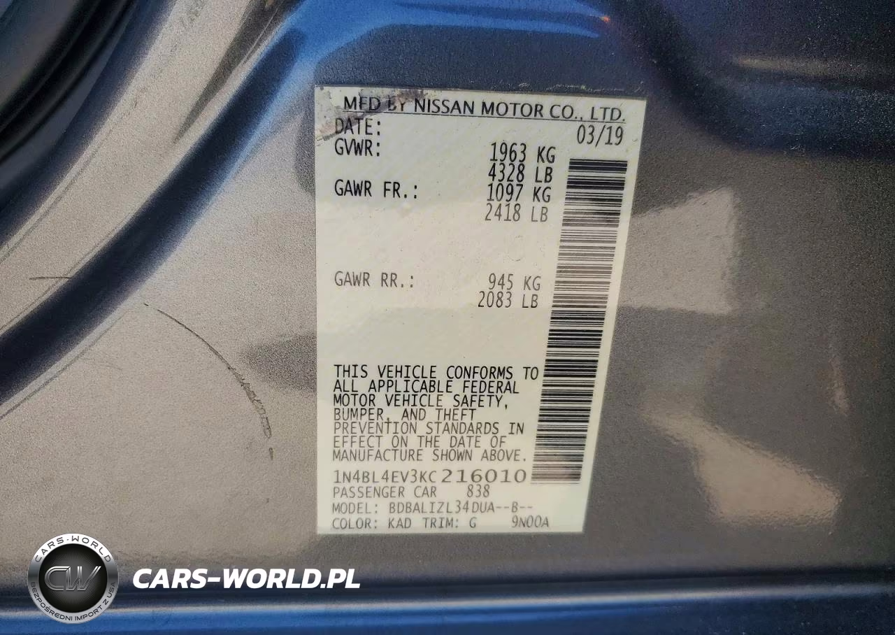 2019 Nissan Altima Sl VIN:1N4BL4EV3KC216010 - 12