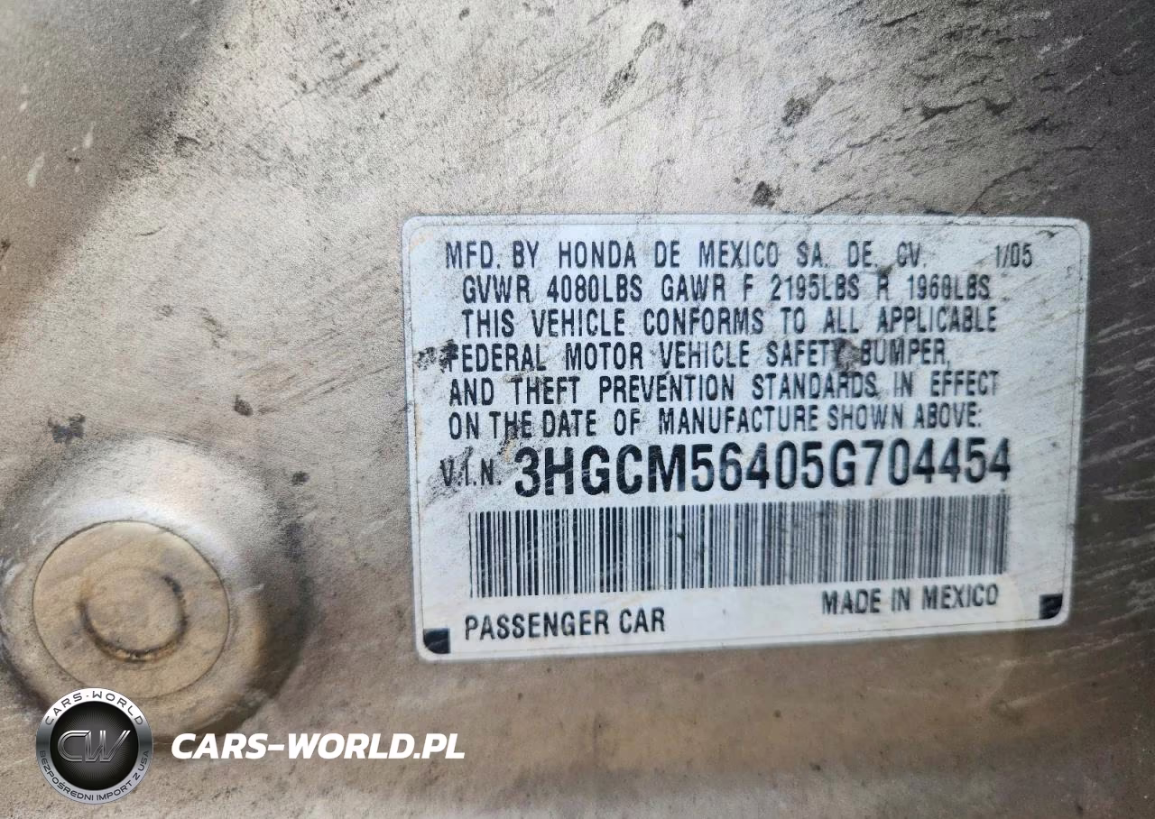 2005 Honda Accord Lx VIN:3HGCM56405G704454 - 12