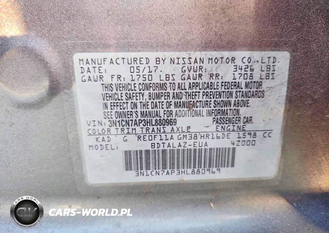 2017 Nissan Versa 1.6 S Plus VIN:3N1CN7AP3HL880969 - 12