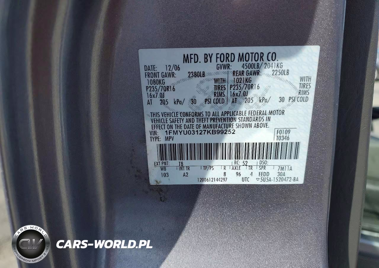 2007 Ford Escape Xlt VIN:1FMYU03127KB99252 - 13