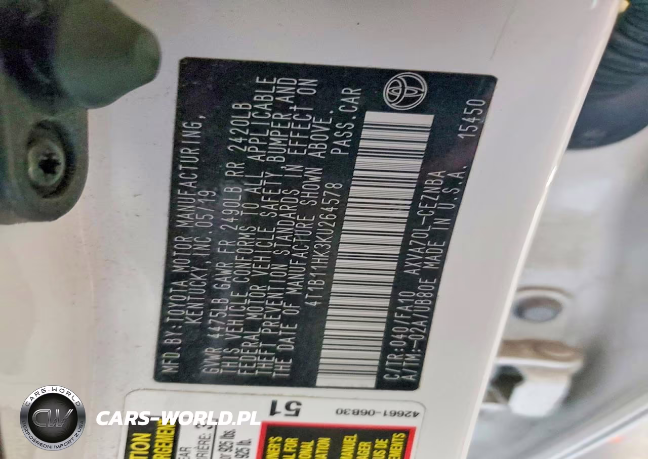 2019 Toyota Camry Le VIN:4T1B11HK3KU264578 - 12
