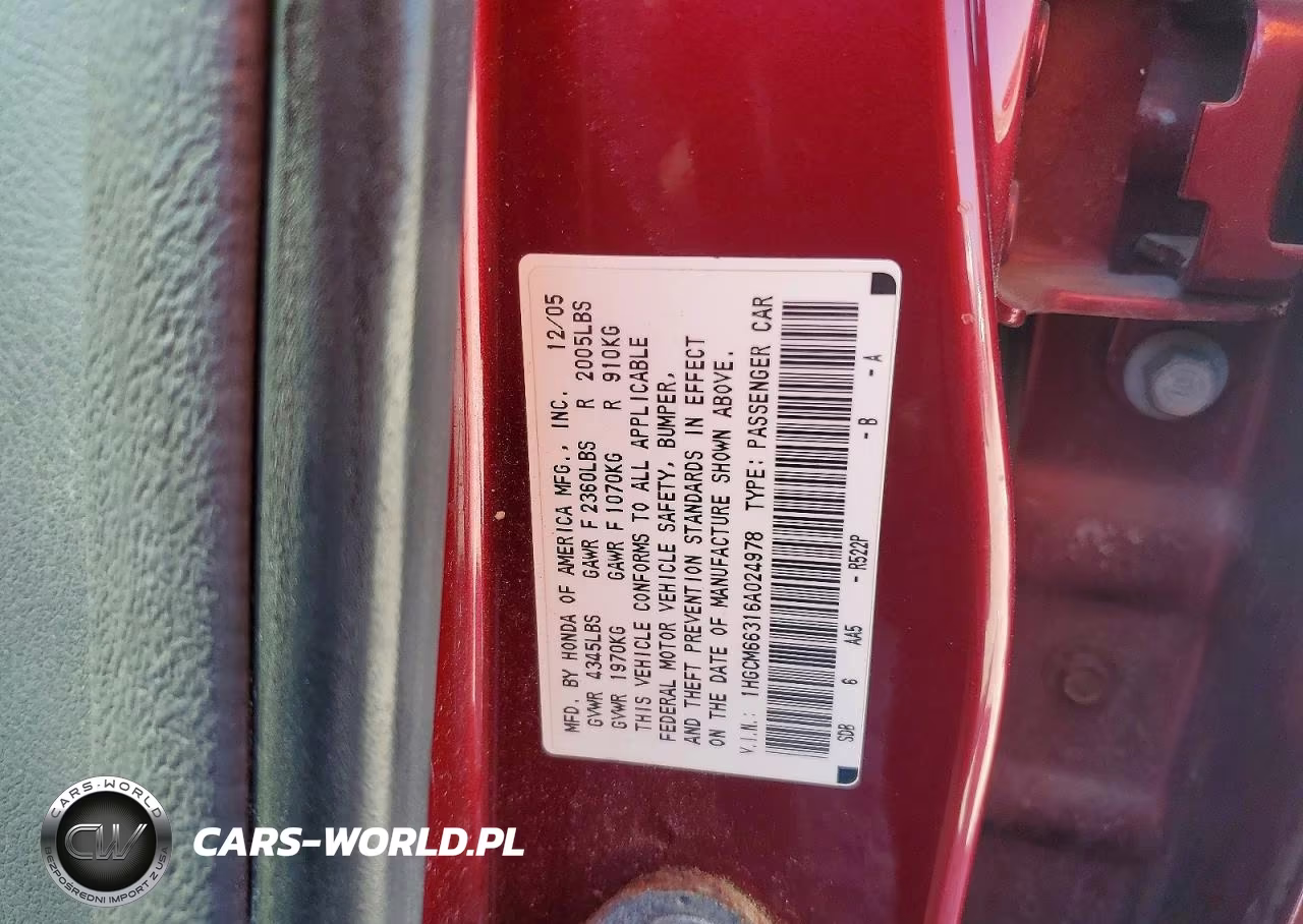 2006 Honda Accord Lx VIN:1HGCM66316A024978 - 12