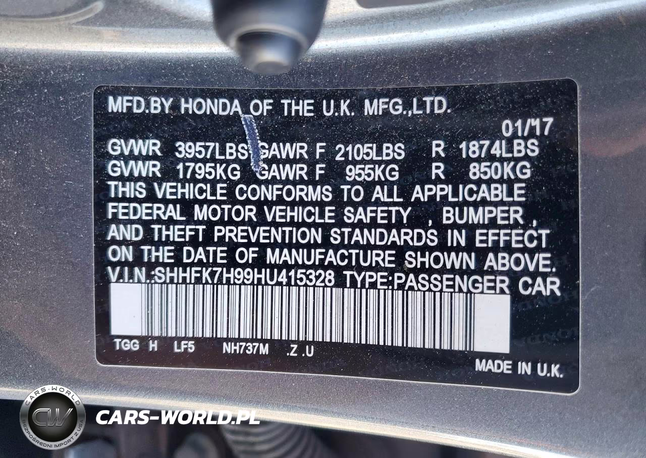 2017 Honda Civic Sport Touring VIN:SHHFK7H99HU415328 - 12