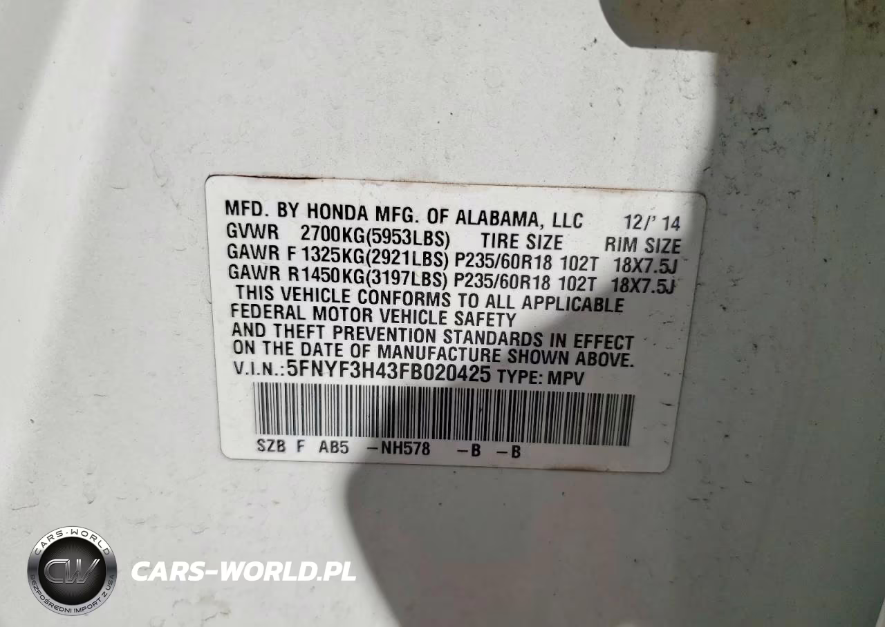 2015 Honda Pilot Ex VIN:5FNYF3H43FB020425 - 13