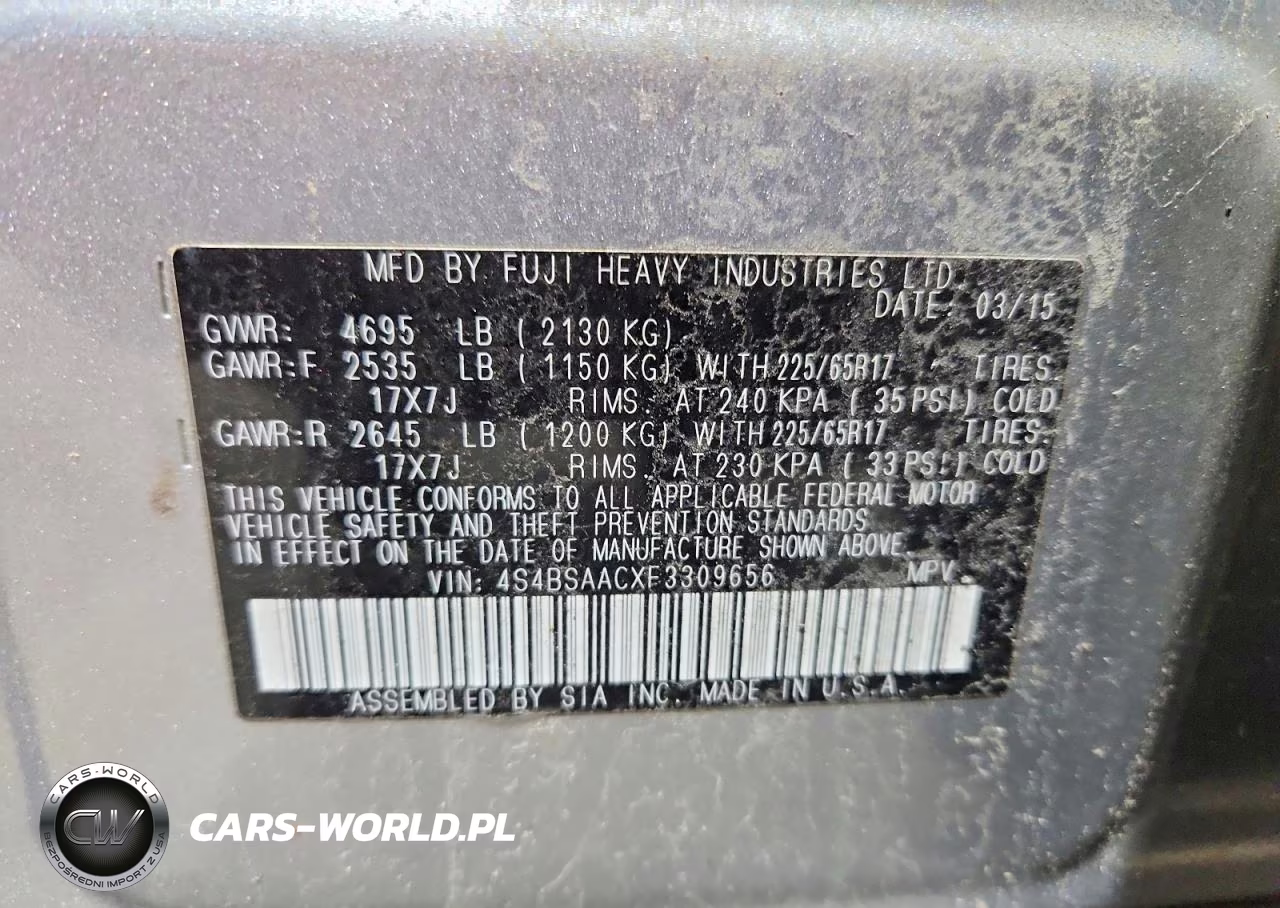2015 Subaru Outback 2.5I VIN:4S4BSAACXF3309656 - 12