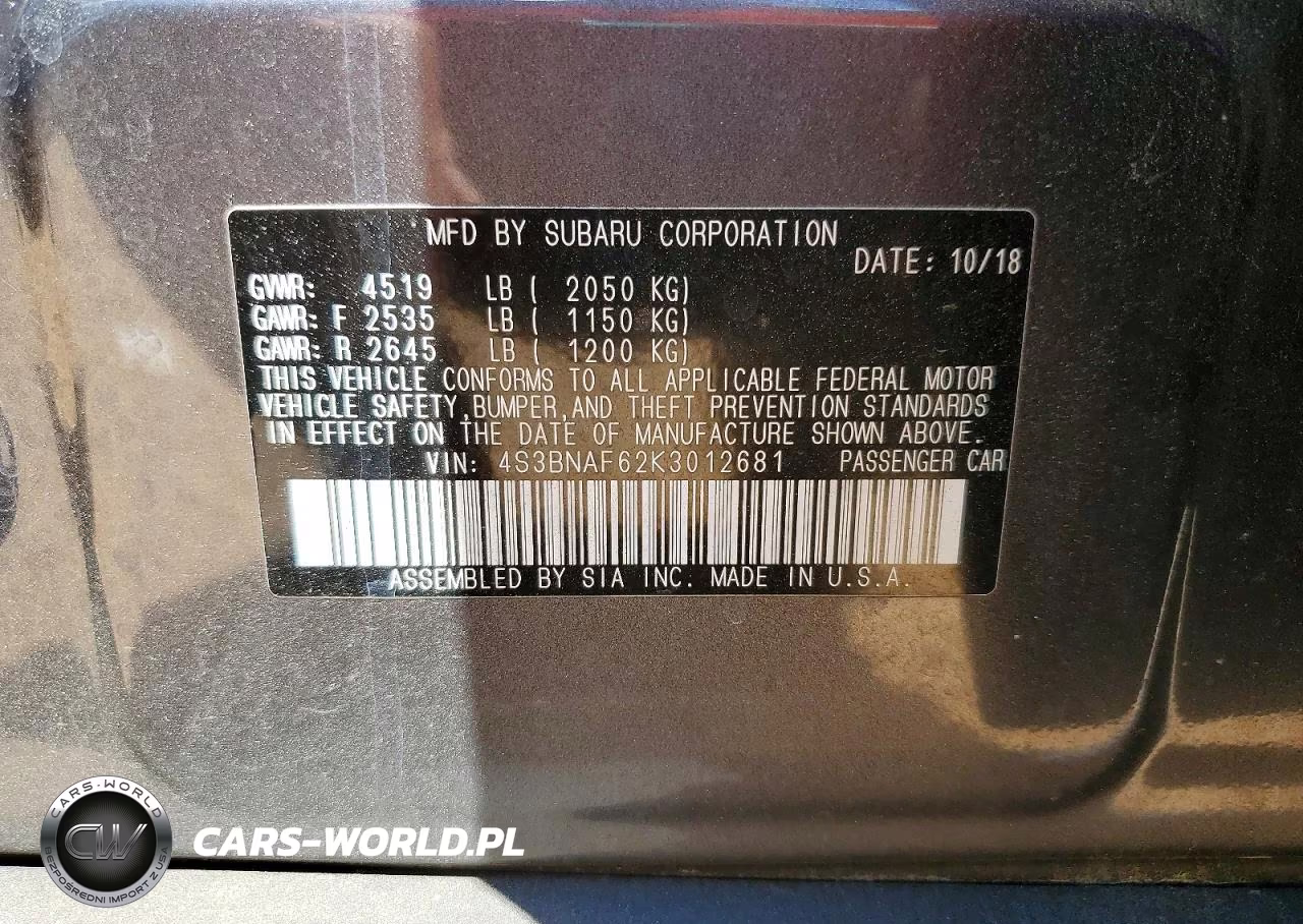 2019 Subaru Legacy 2.5I Premium VIN:4S3BNAF62K3012681 - 12