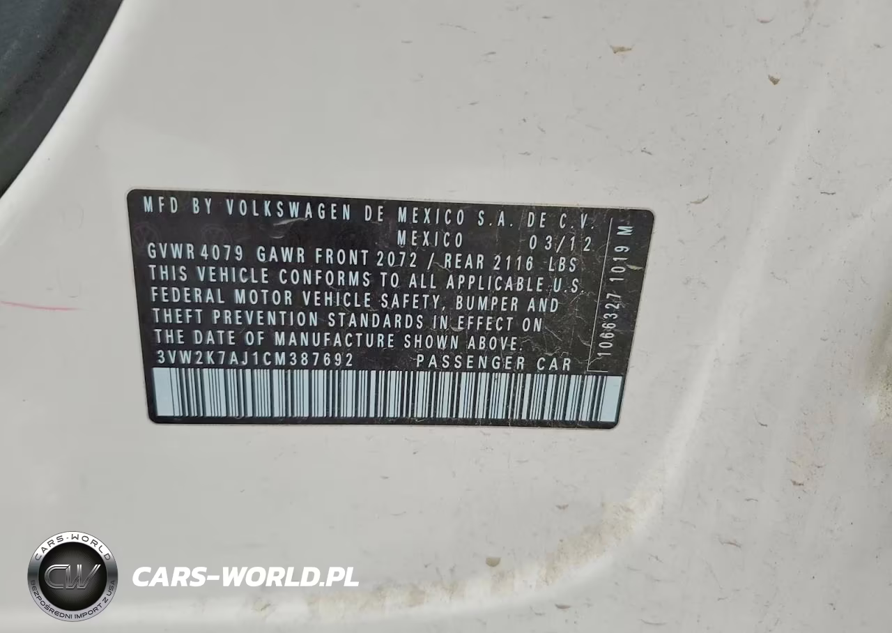2012 Volkswagen Jetta Base VIN:3VW2K7AJ1CM387692 - 12