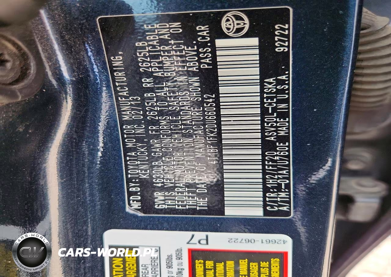 2013 Toyota Camry L VIN:4T1BF1FK2DU660542 - 13