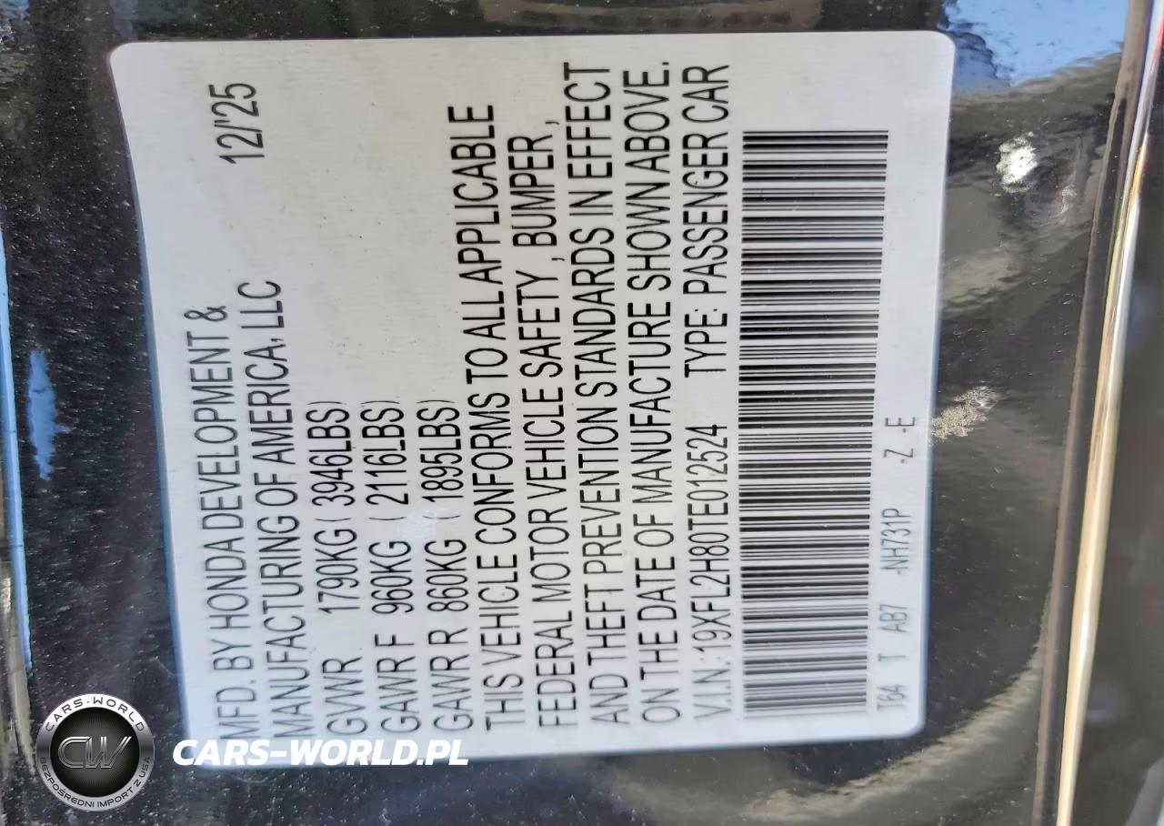 2026 Honda Civic Sport VIN:19XFL2H80TE012524 - 12