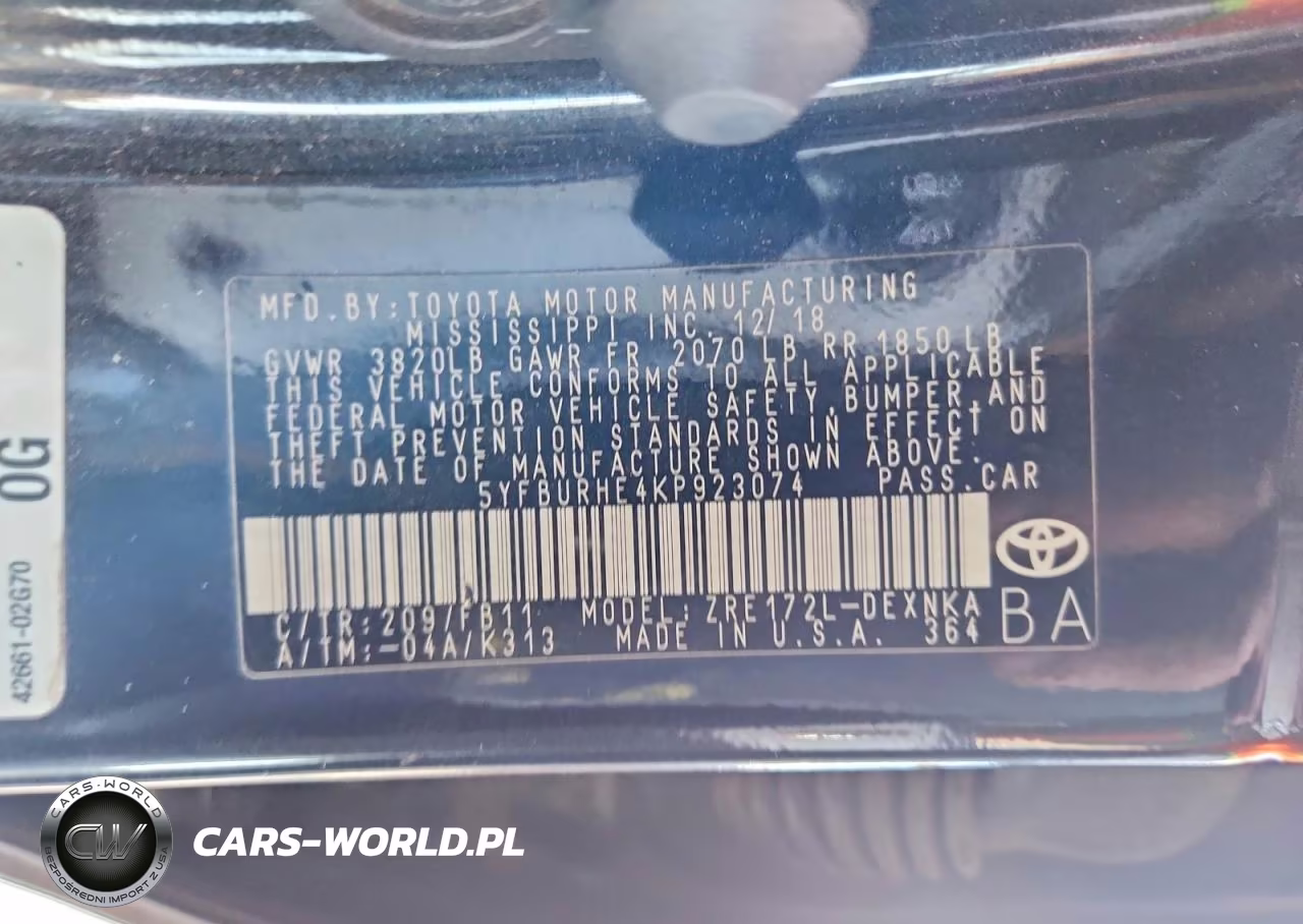 2019 Toyota Corolla Le VIN:5YFBURHE4KP923074 - 12