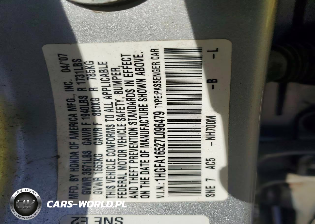 2007 Honda Civic Lx VIN:1HGFA16527L096479 - 12