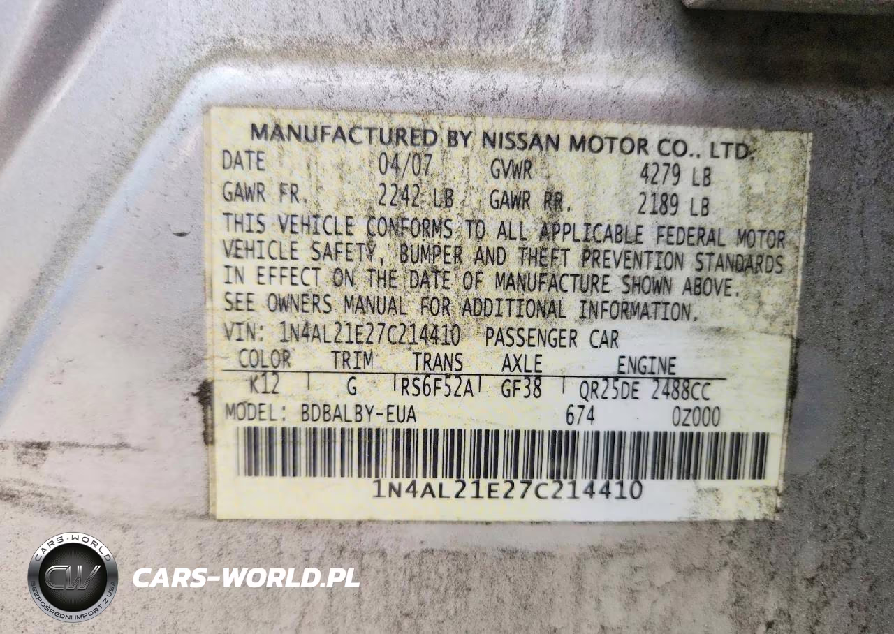 2007 Nissan Altima 2.5 VIN:1N4AL21E27C214410 - 12
