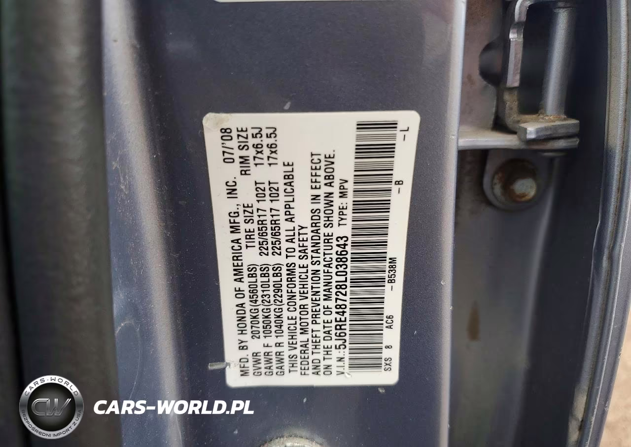2008 Honda Cr-V Exl VIN:5J6RE48728L038643 - 12