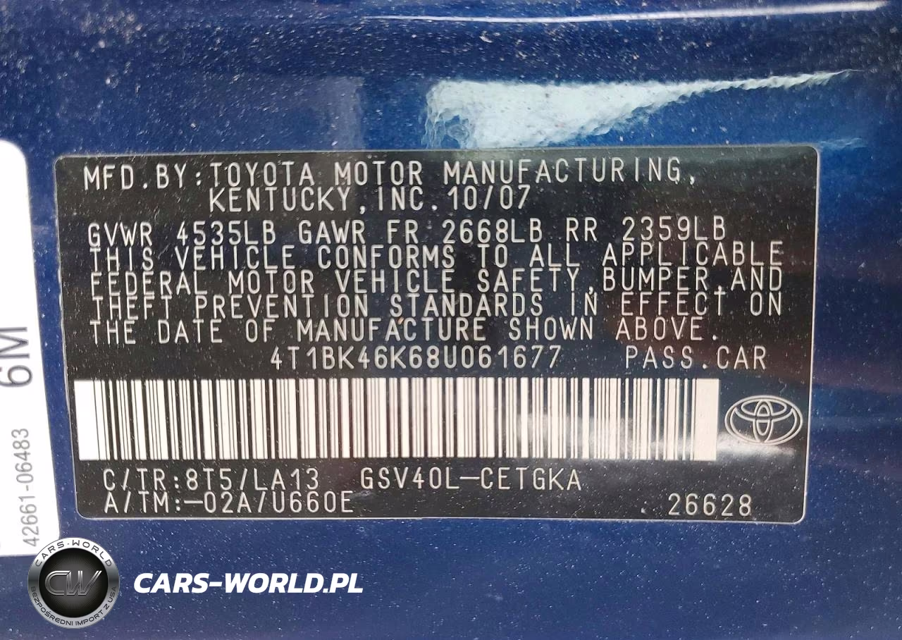 2008 Toyota Camry Xle V6 VIN:4T1BK46K68U061677 - 13