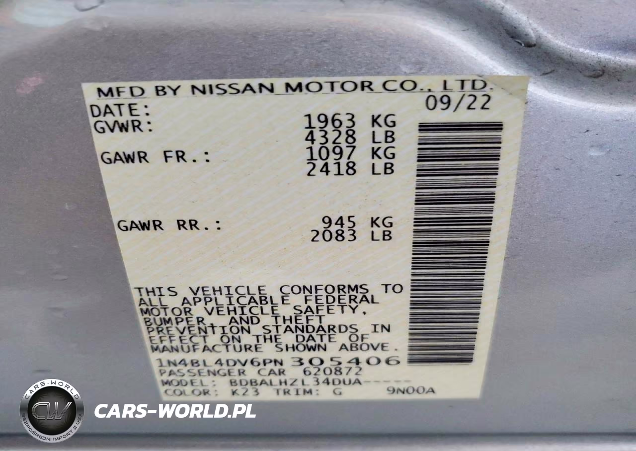 2023 Nissan Altima Sv VIN:1N4BL4DV6PN305406 - 12