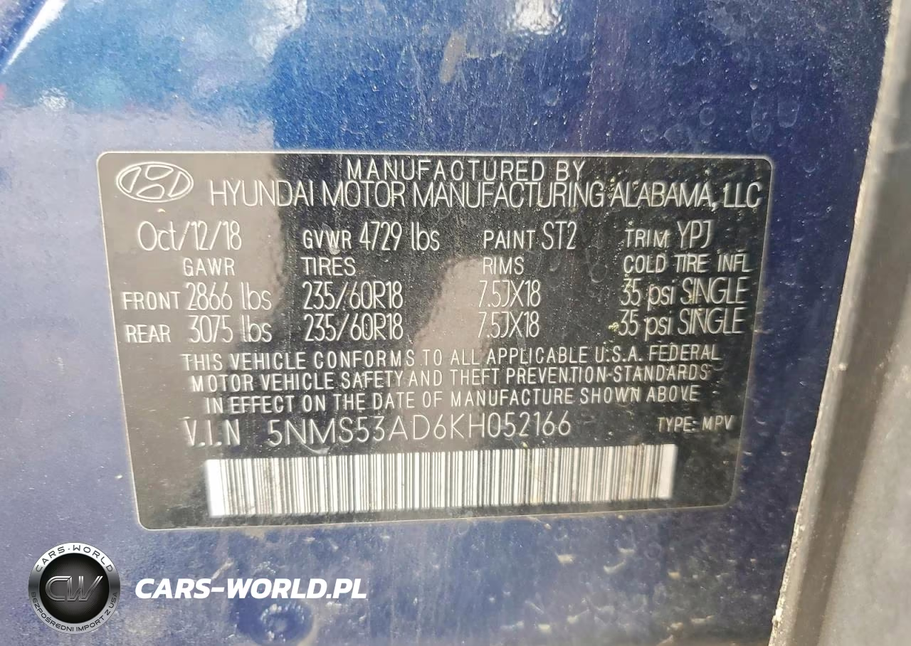 2019 Hyundai Santa Fe Ultimate 2.4L VIN:5NMS53AD6KH052166 - 12