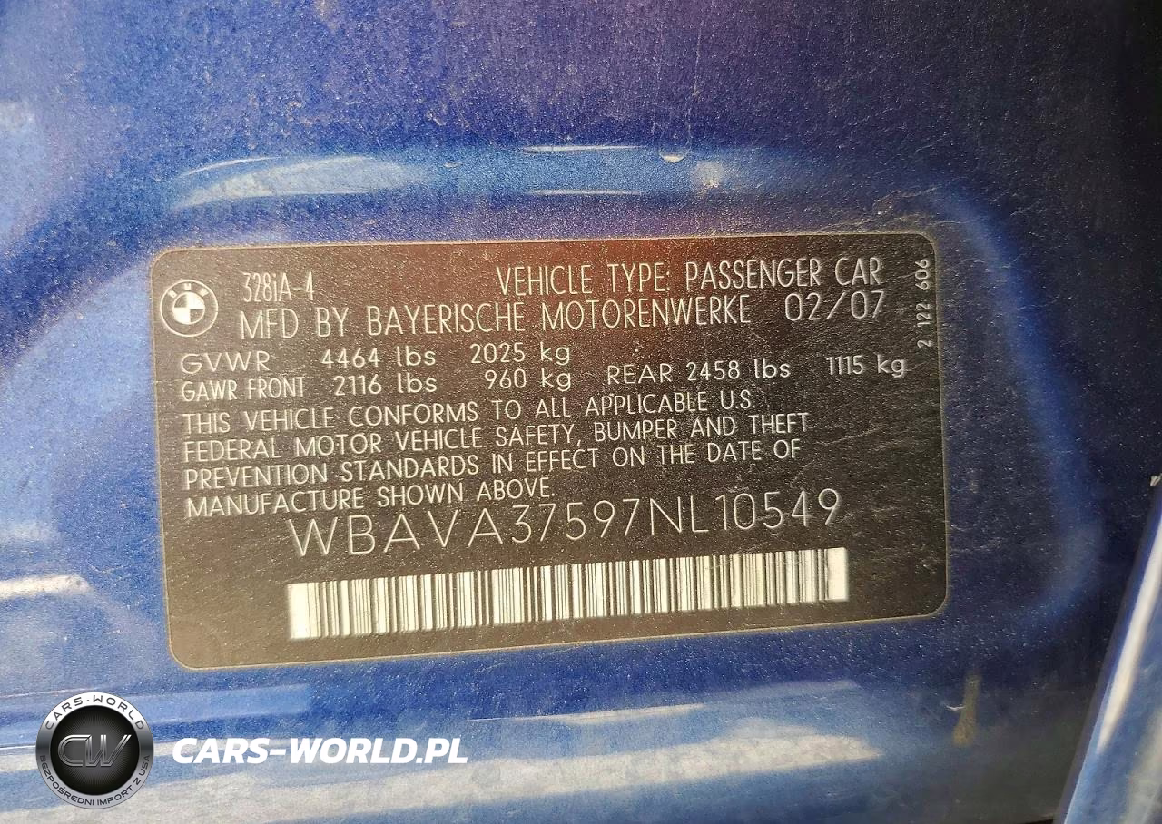 2007 BMW 328 I VIN:WBAVA37597NL10549 - 12