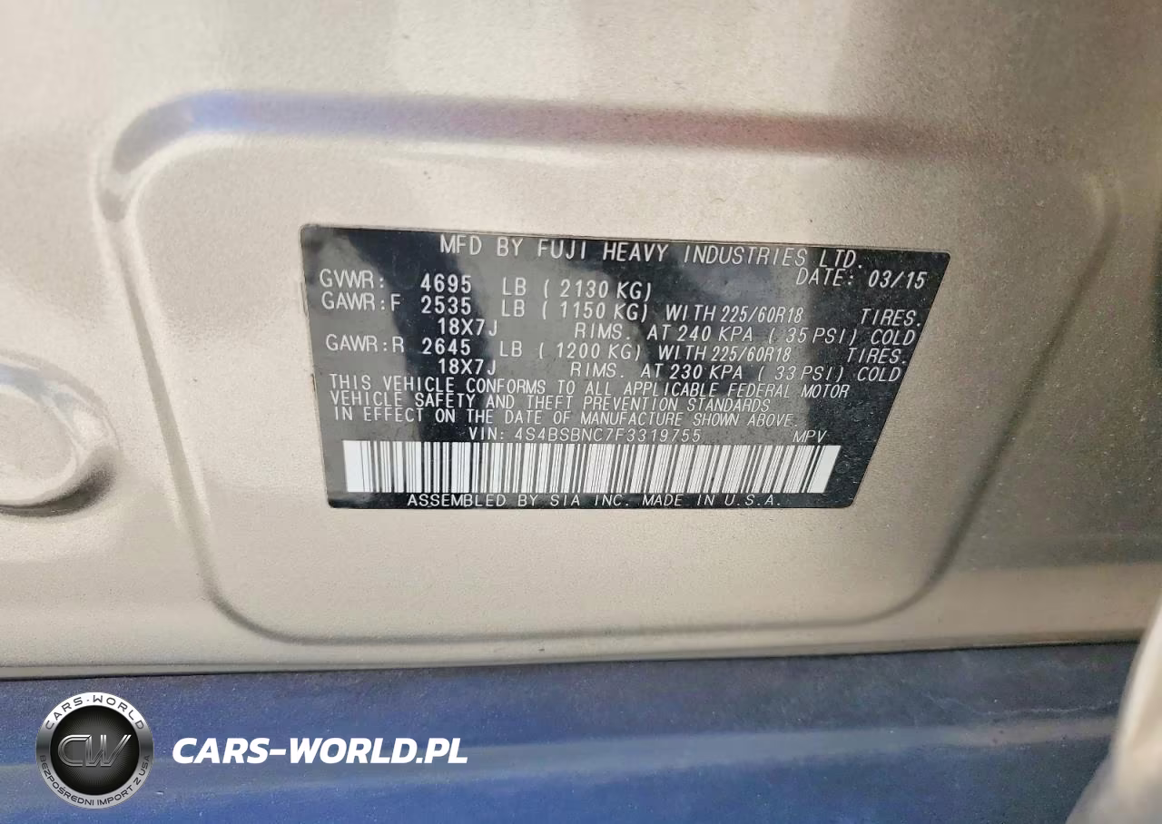 2015 Subaru Outback 2.5I Limited VIN:4S4BSBNC7F3319755 - 13