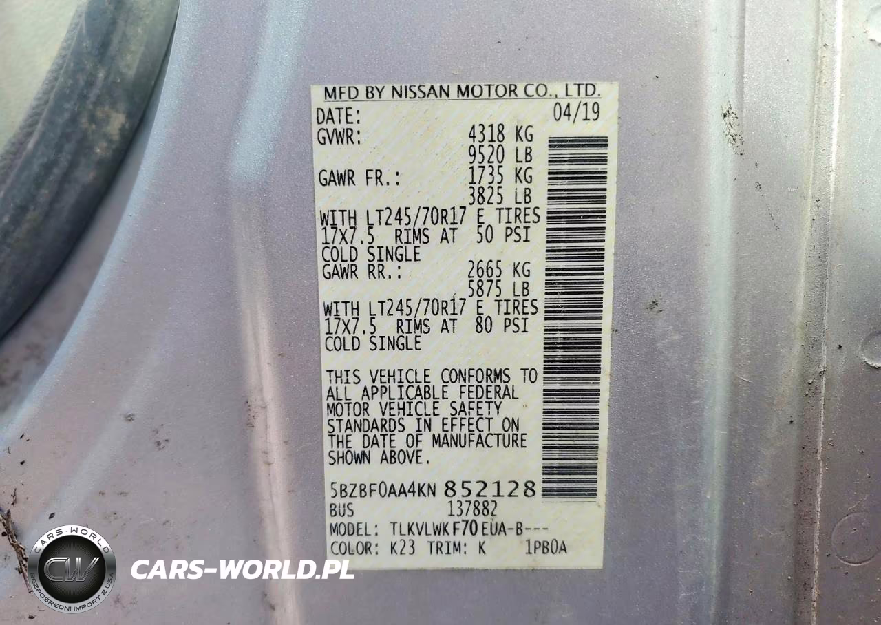 2019 Nissan Nv 3500 Hd S VIN:5BZBF0AA4KN852128 - 14