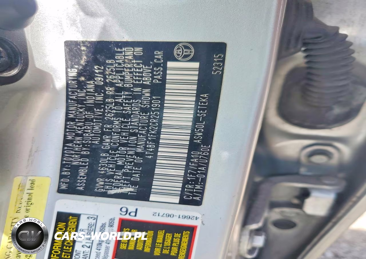 2012 Toyota Camry L VIN:4T4BF1FK2CR251901 - 12