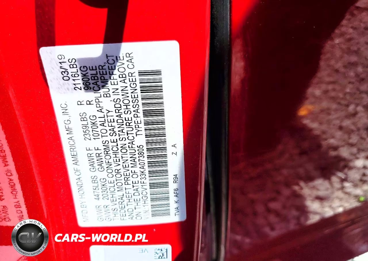 2019 Honda Accord Sport VIN:1HGCV1F33KA073805 - 13