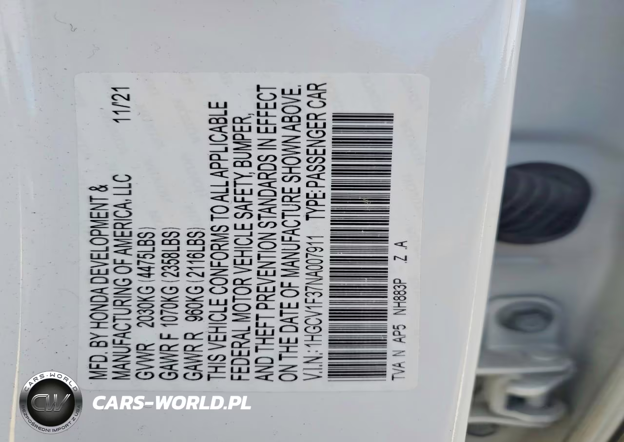 2022 Honda Accord Sport VIN:1HGCV1F37NA007911 - 12